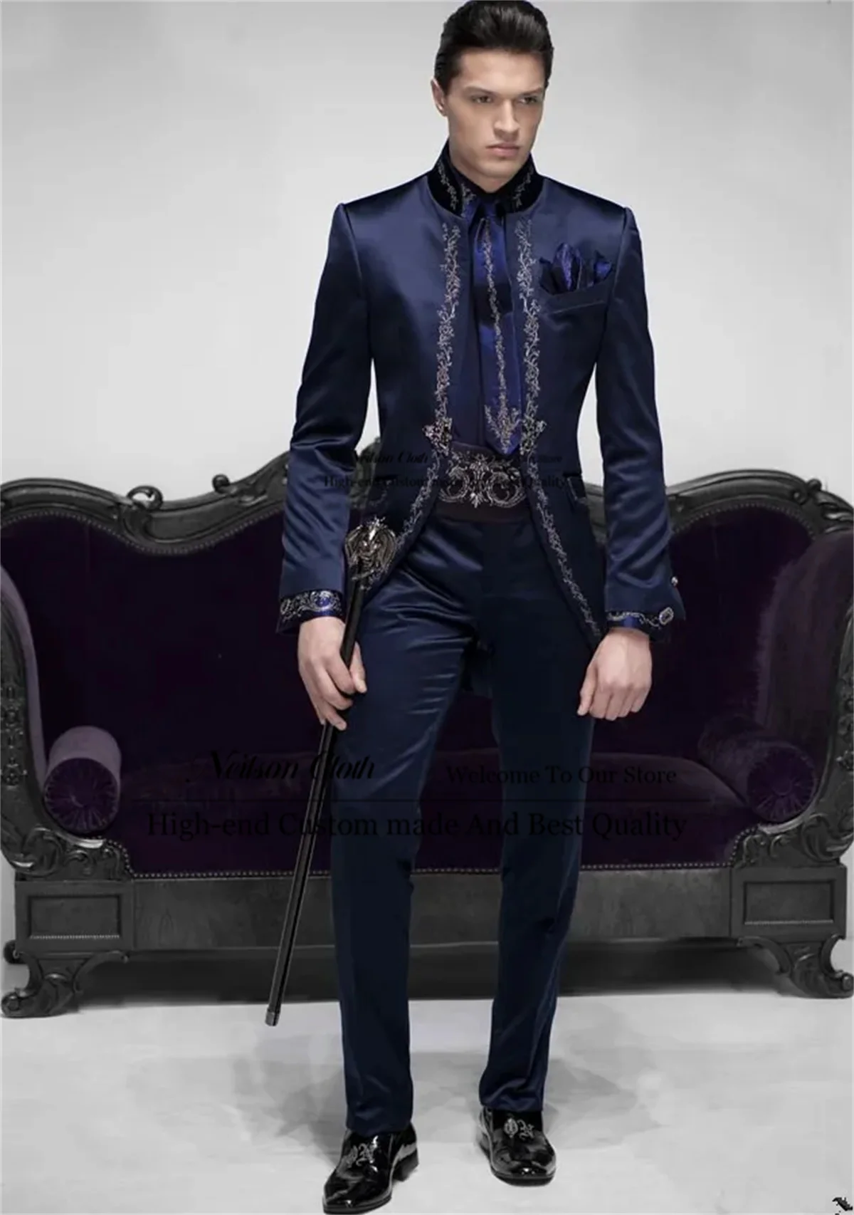 

Formal Navy Blue Male Prom Blazers Round Neck Groom Wedding Tuxedos 2 Pieces Sets Men Suits Slim Fit Jacquard Terno Masculino