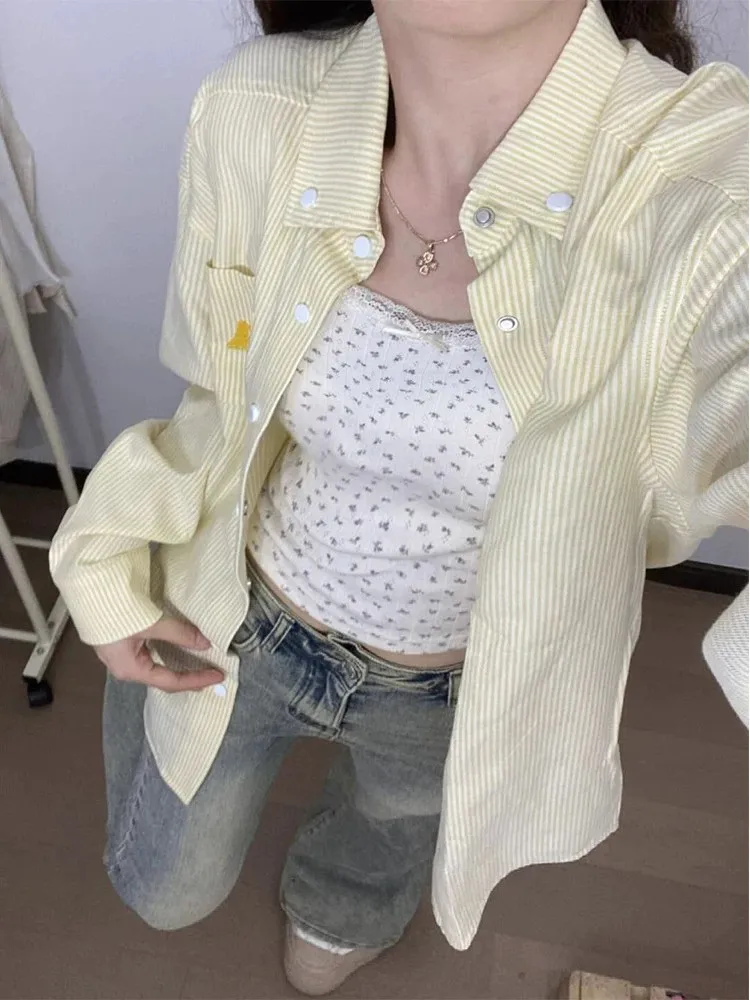 

Retro American Yellow Striped Collar Shirt Jacket Women's Loose Casual Open Cardigan Lazy Chic Top Spring Season