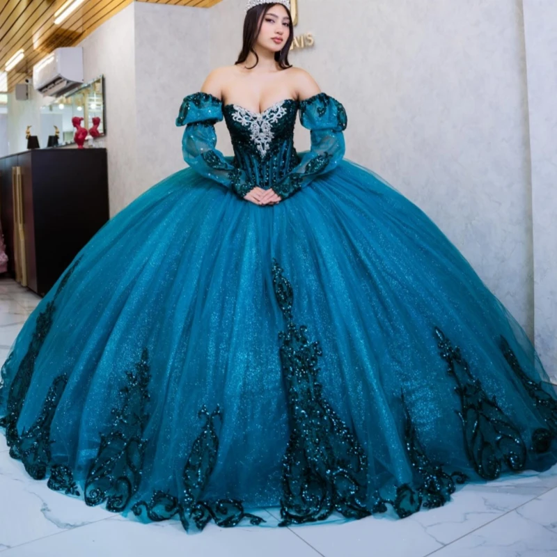 

Blue Shiny Quinceanera Dresses Off The Shoulder Sequin Applique Lace Beading Crystal Bow Tull Party Birthday Sweet 16 Dress