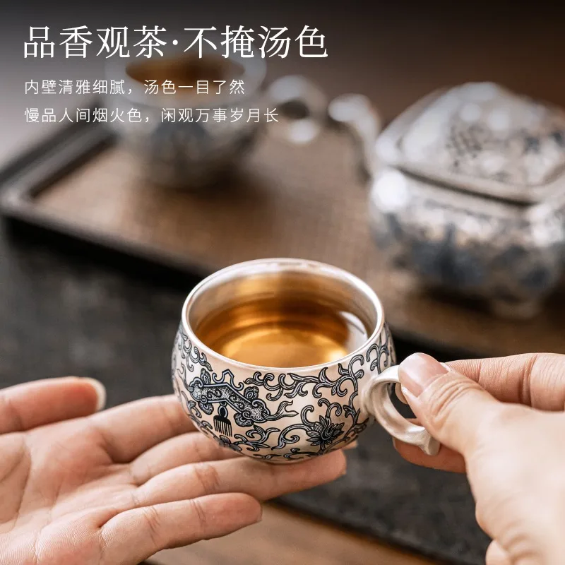 

Yinshan Society 999 Silver High End Kung Fu Tea Set, Gilded Silver Blue And White Chinese Silver Tea Cup, Festival Gift Giving