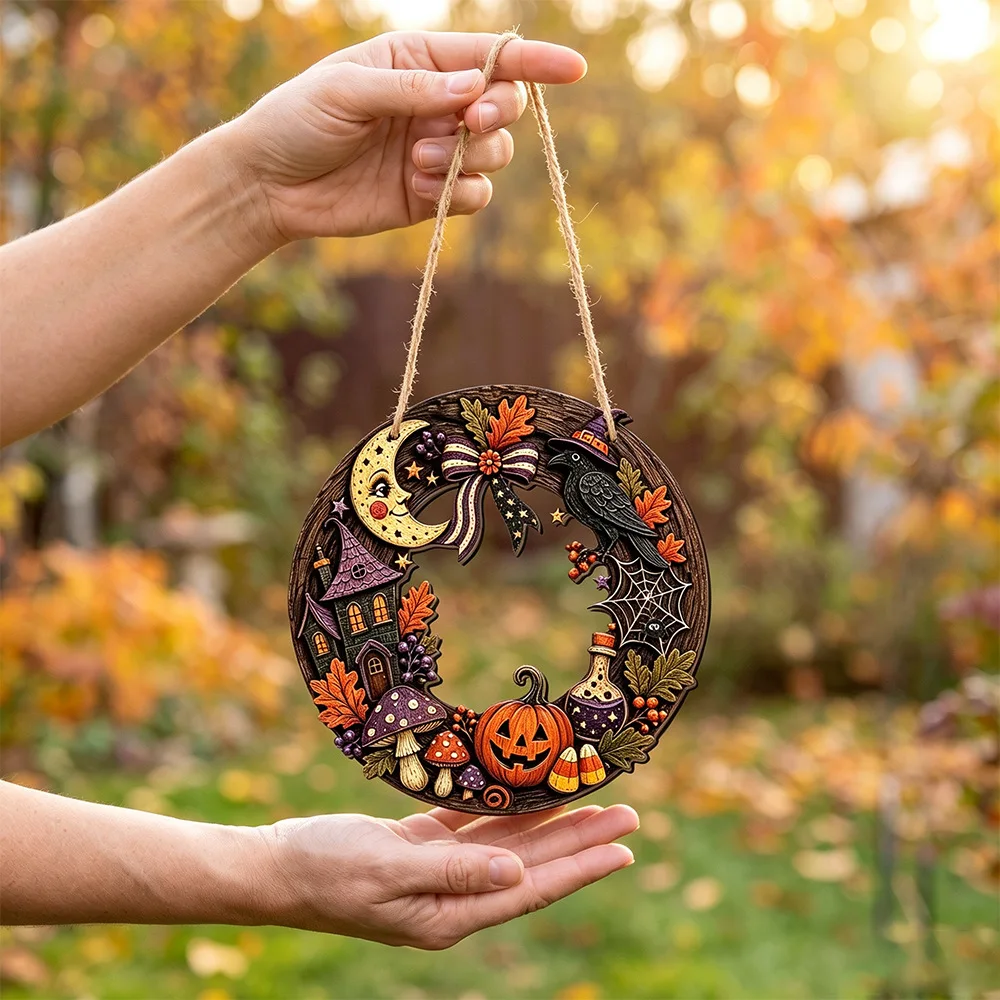 Wooden Hollow-Out Halloween Round Ornaments, Pumpkin Spider Web Magic House Hanging, Rustic Circle Pendant, Spooky Home Accents
