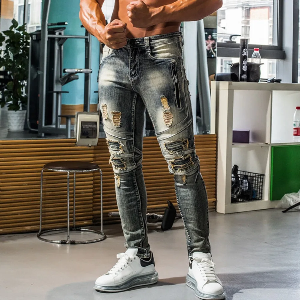 Locomotive Handsome Jeans Men Slim Breathable Invisible Open Crotch Outdoor Sex Gym Casual Denim Ripped Splicing Elastic Vintage