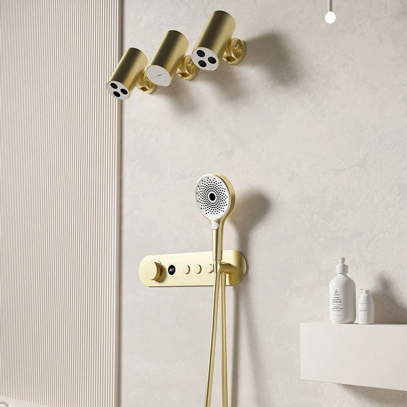 

Brushed Gold/Gun Gray Constant Temperature White Embedded Wall-Mounted Rainfall Shower System with Intelligent Digital Display