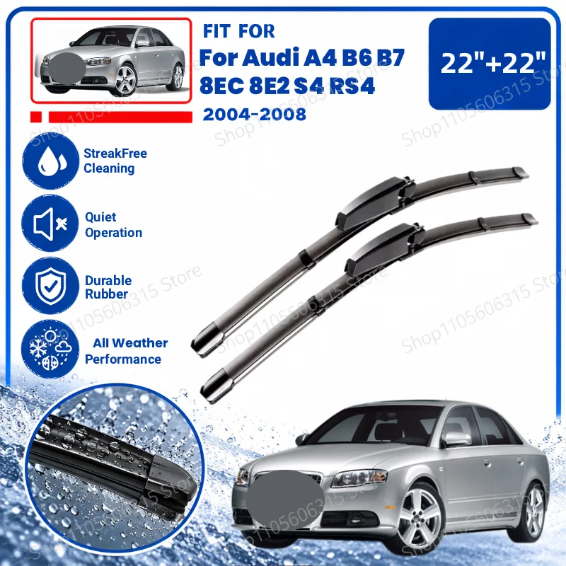 2Pcs Car For Audi A4 B6 B7 8EC 8E2 S4 RS4 2004-2008 Avant Cabriolet Front Wiper Blades Set 22"+22" Windscreen Rain Brushes