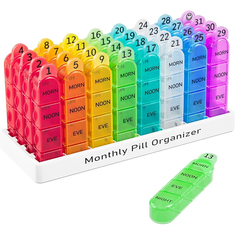 

Monthly Pill Organizer 2/3/4 Times A Day Movable Compartments Travel Daily Medicine Box for Vitamins Supplements Medication Case