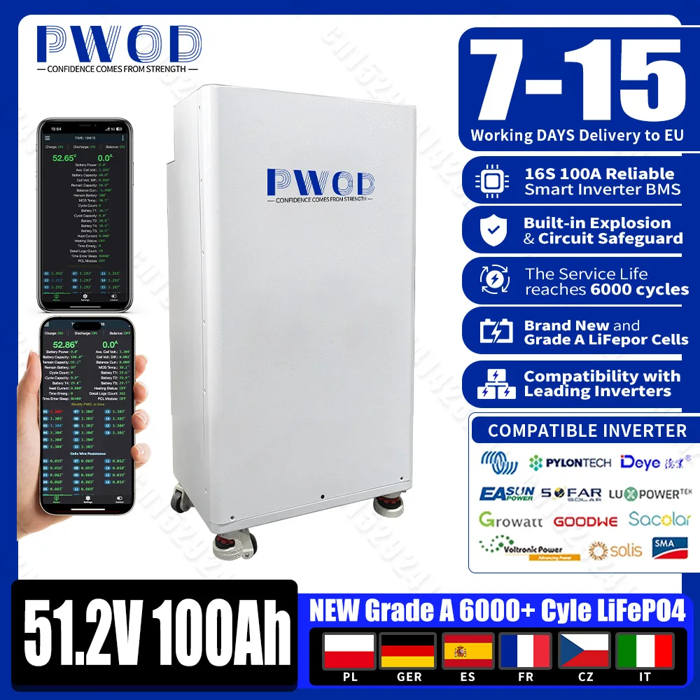 Batería Lifpo4 PWOD 48V 100AH, 1A, BMS con equilibrio activo, nueva batería de fosfato de hierro y litio para inversor solar doméstico fuera de la red
