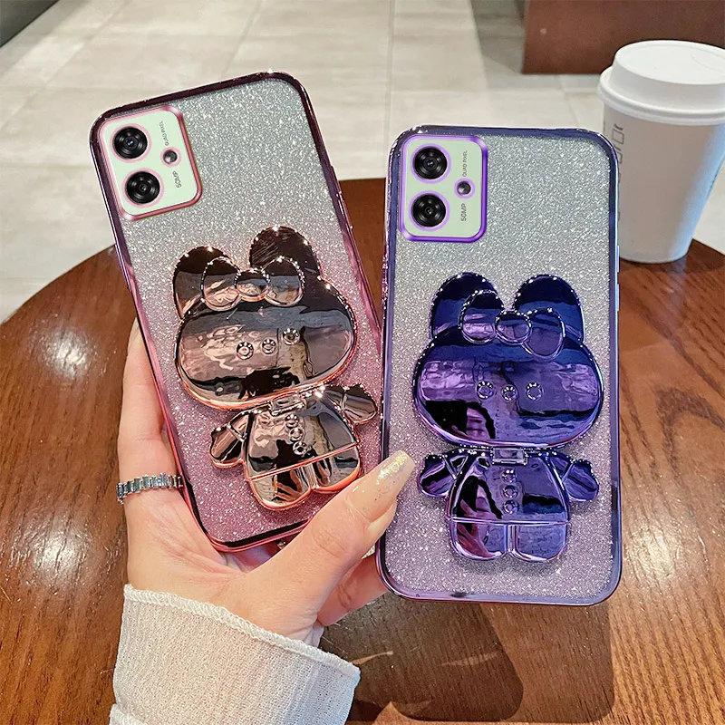 G54 5G Case For MOTO G54 5G Motorola Moto G54 5G Luxury Gradient Glitter Makeup Mirror Rabbit Folding Stand Silicone Back Cover