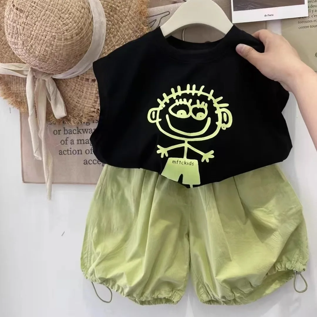Bellbell Summer Kids Boy Outfits Cartoon Infant Baby Boy Sleeveless Tees Suit Casual Children Boys Solid Shorts 2PCS Clothes Set