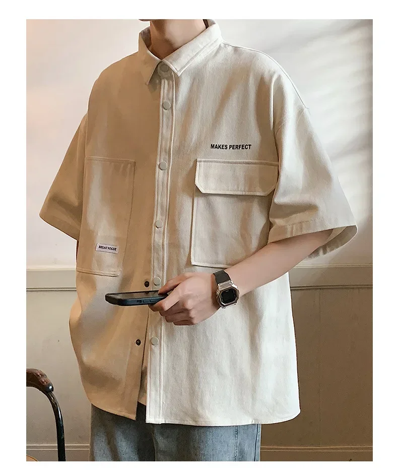 Korean Cargo Short Sleeve Shirts Men's Summer Fashion Thin Harajuku Casual Loose Shirt Coat Y2k Japan Streetwear Men Clothing