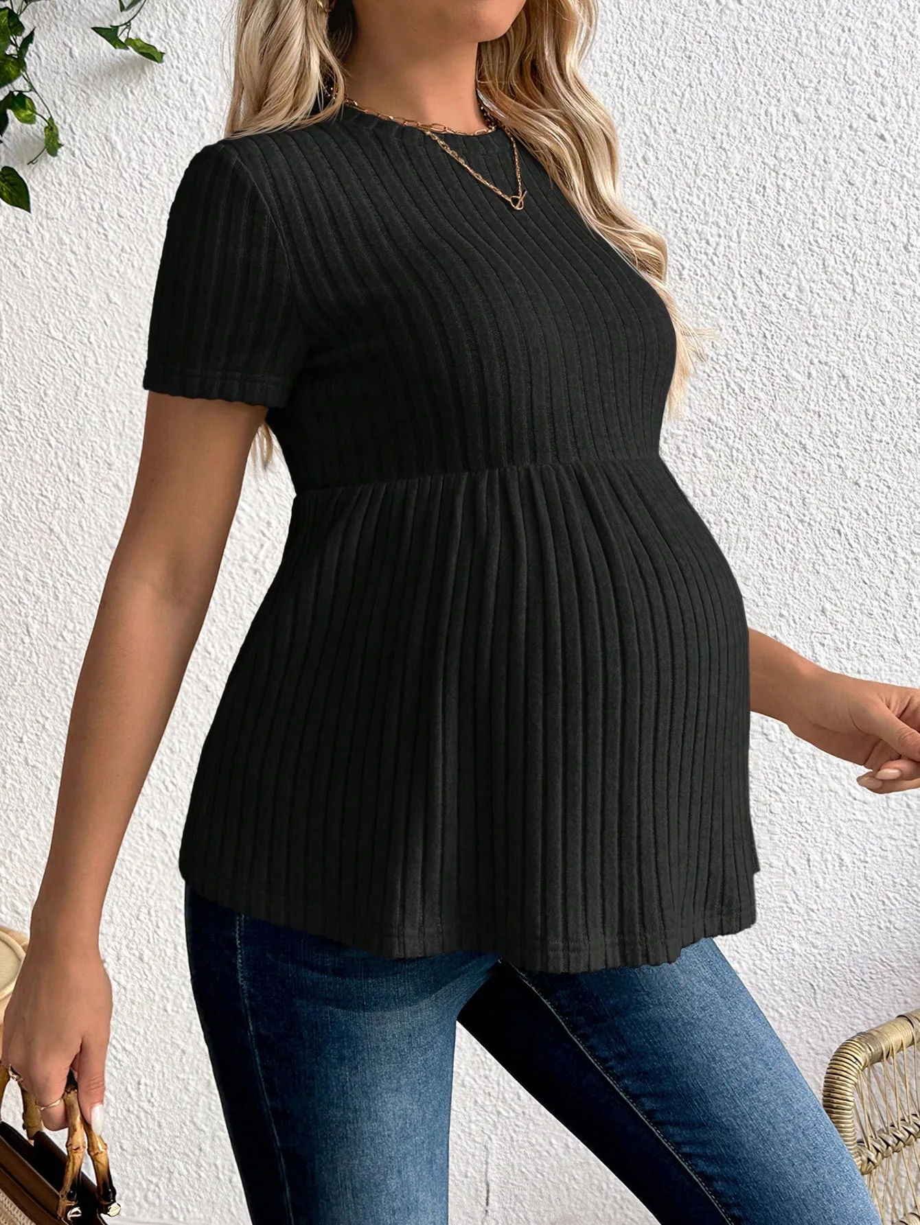 Clothes for Pregnant Women Round-neck Pullover Knitted Top Maternity Clothing Short-sleeved T-shirt Pregnancy Clothes