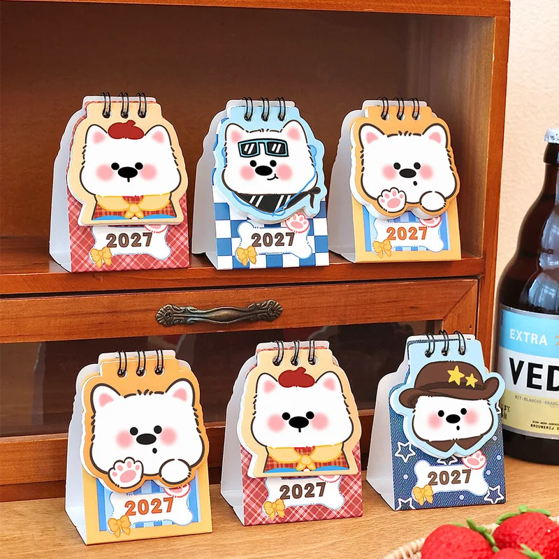 2pcs 2027 Cute Westie Mini Desk Calendar Kawaii Cartoon Table Ornament Student Creative Gift Planner Decoration