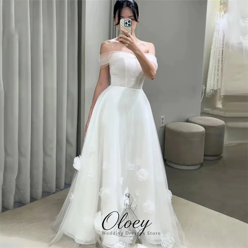 OLOEY Romantic Off The Shoulder Korea Wedding Dress Photo Shoot A-Line Tulle 3D Flowers Outdoor Bridal Gown Customized 웨딩드레스