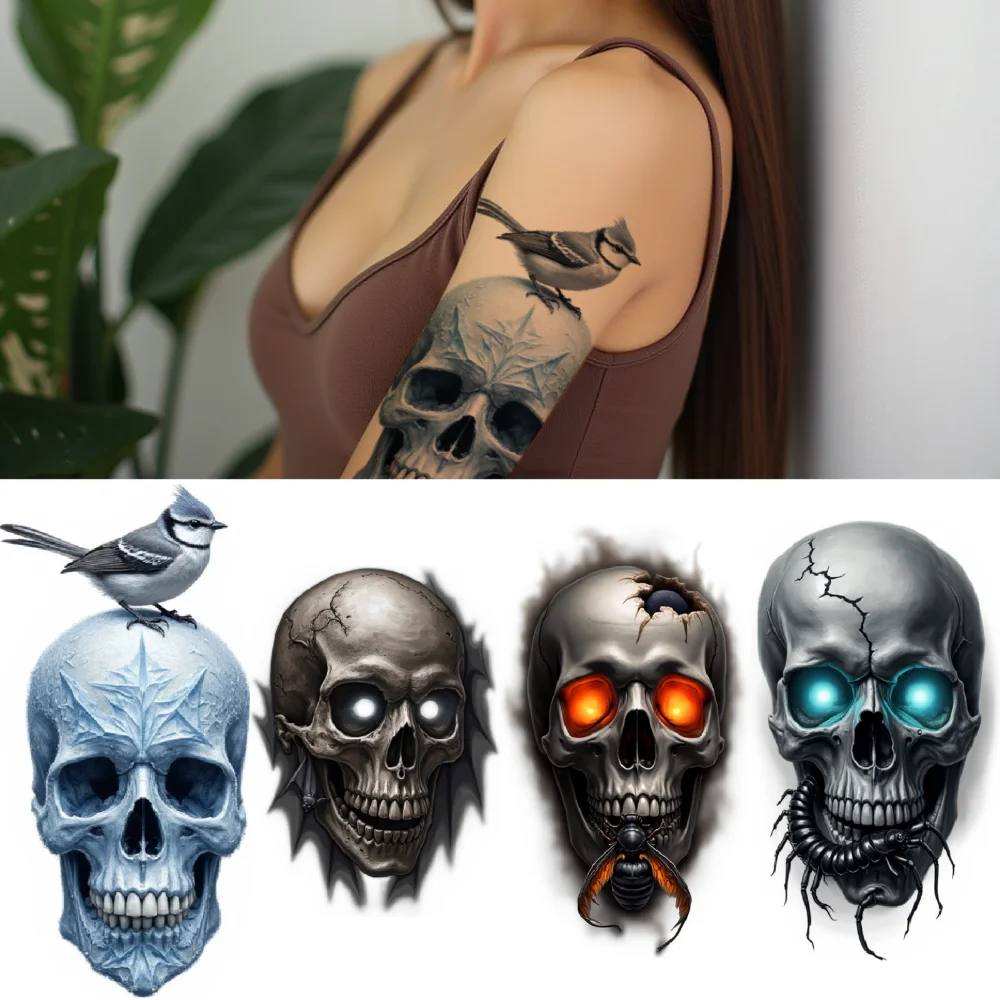 3pcs Temporary Tattoo Cracked Skull Pipe Butterfly Realistic Temporary Tattoos Snowflake For Arms Men Adults