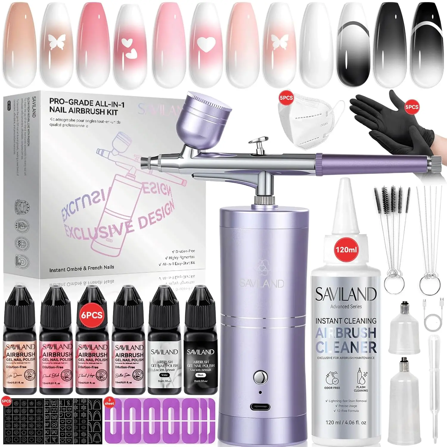 

7-in-1 Airbrush Nail Art Kit: Fast Gel Polish, Stencils & Safety Gear for Instant Salon Nails