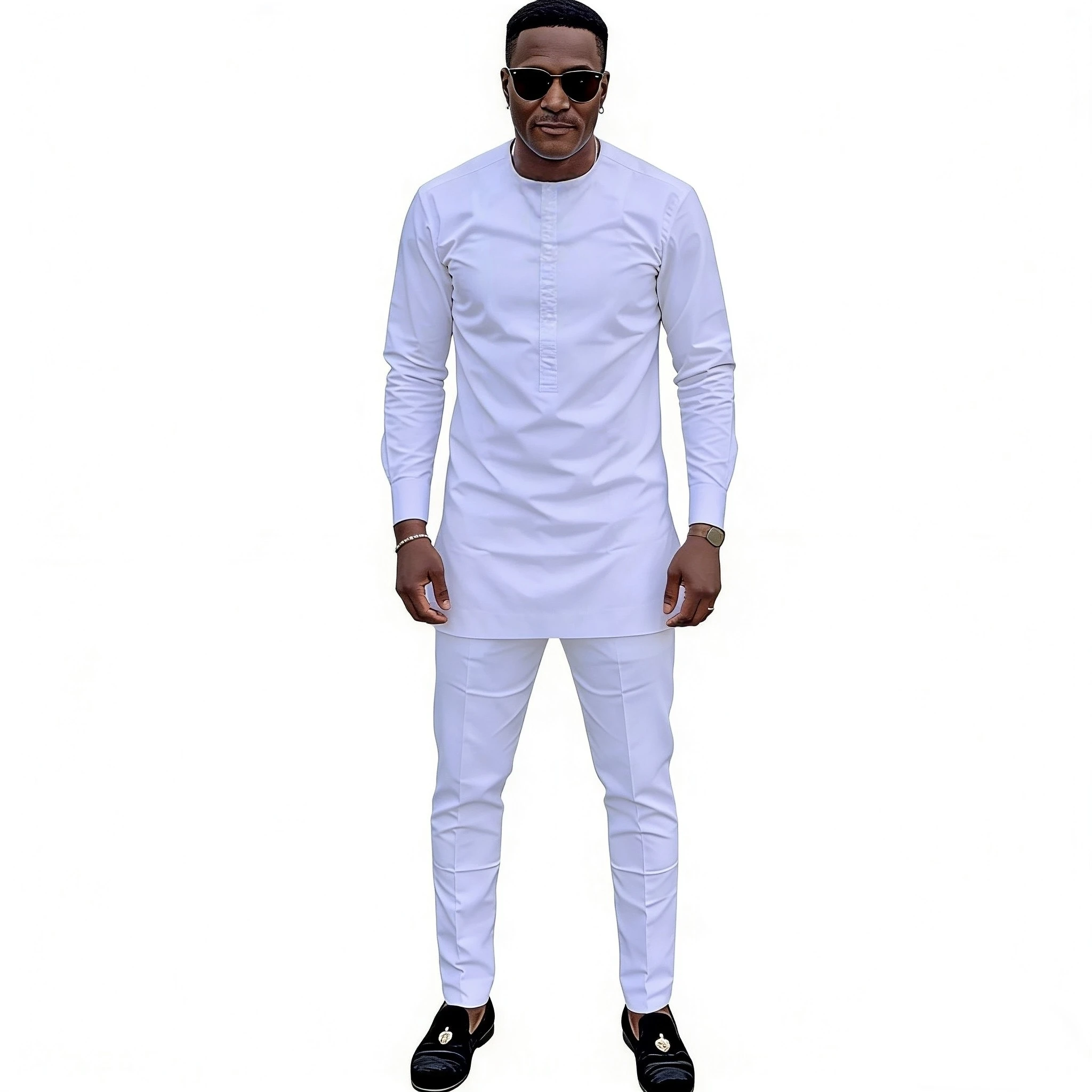 Men's Sets Solid White Long Sleeve Tops & Trousers Original Design Pant Suits Tailored African Couture Party Wear