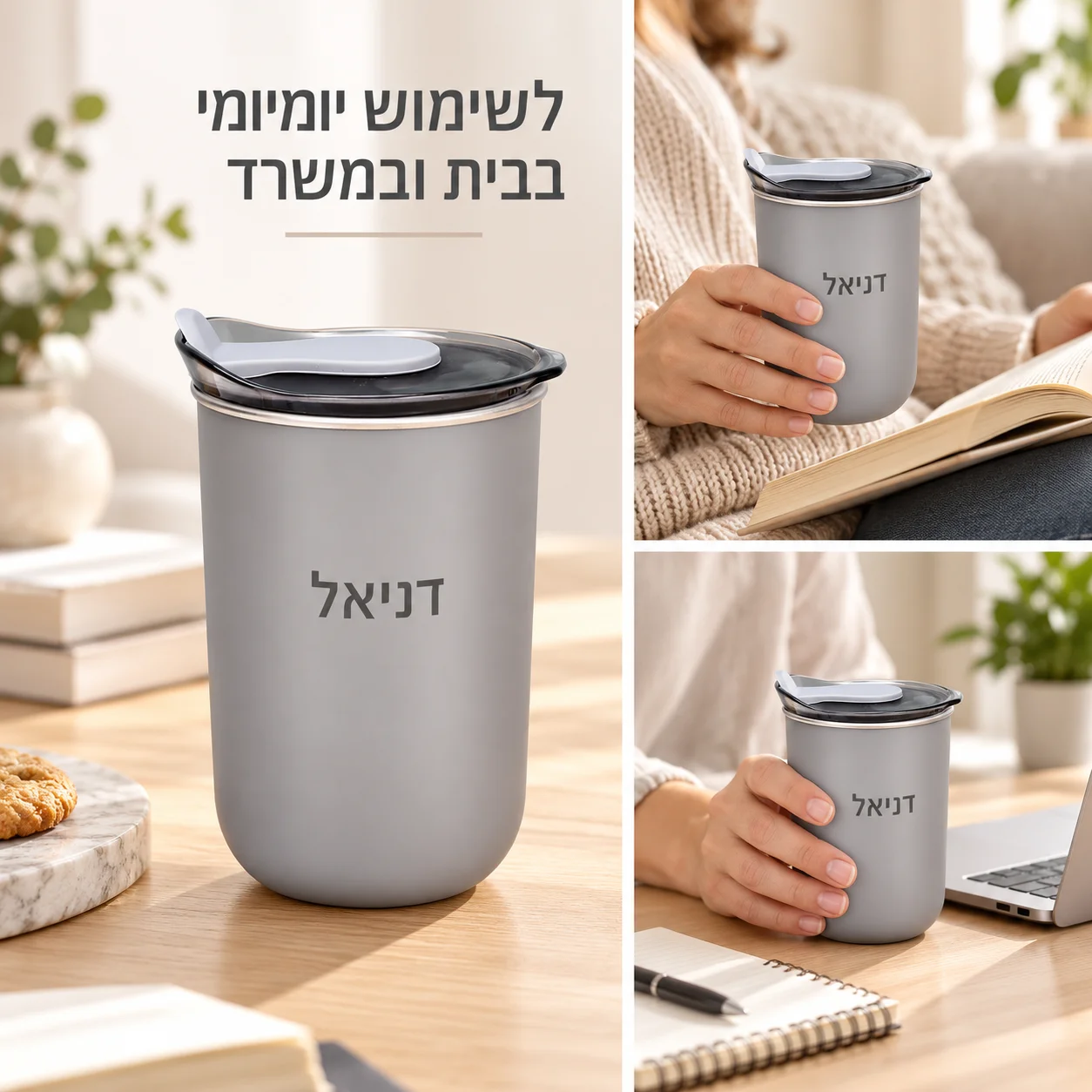 Custom Name Daily Cup 300ml With Lid Stainless Steel Liner Gray Hebrew Name For Home Office Daily Coffee Use Personalized Gift