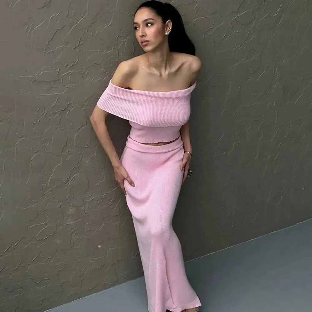 

Knitted Skirt Two-piece Set Women's Summer One Shoulder Sleeveless Top High Waist Slit Skirt Set Casual Lady Skirt Set