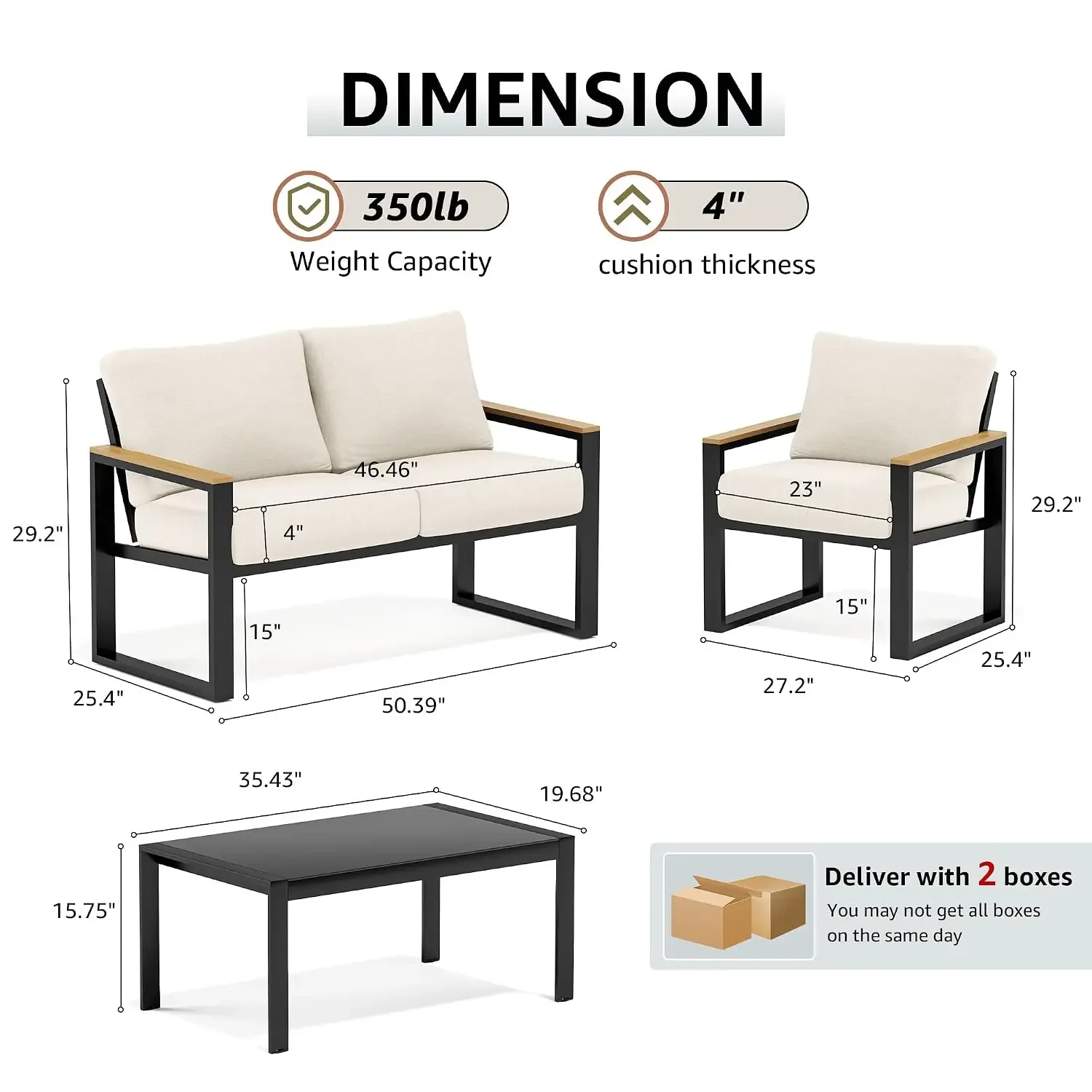 4 Pieces Patio Furniture Sets, Modern Metal Patio Set | Anti-scald Wooden Armrest, Sling Mesh, Tempered-Glass, Customized