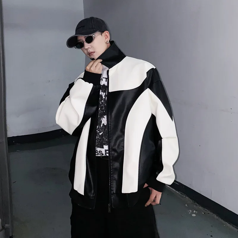 

Oversize motorcycle leather jacket Male Spring Black white patchwork PU Coat Trendy Loose Lapel handsome Outwear Streetwear