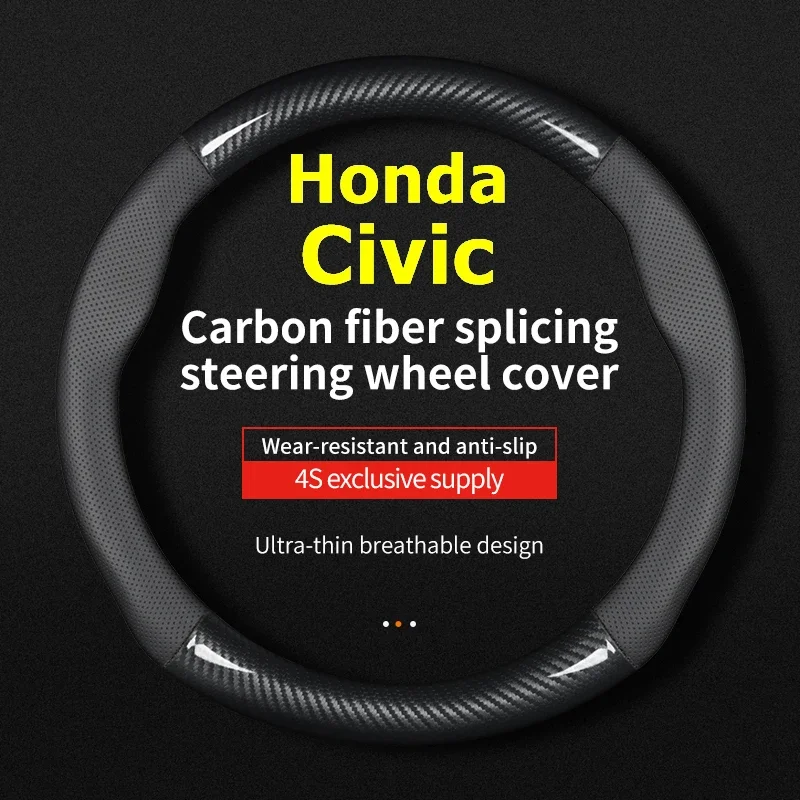 

For Honda Civic Steering Wheel Cover Genuine Leather Carbon 1.8L 2013 Si 2014 180TURBO 220TURBO CVT 2016 2019 2021 2022 2023