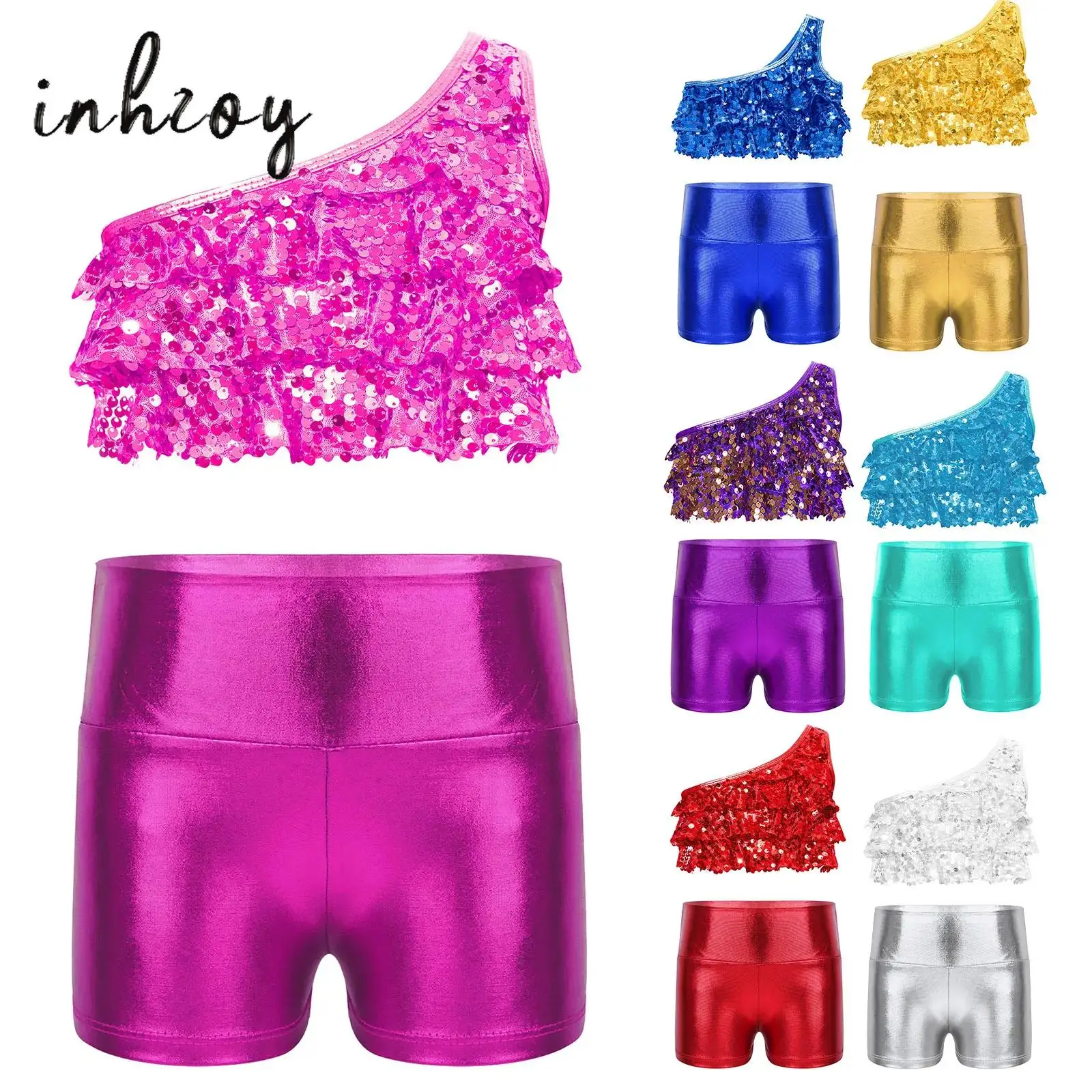 

Kids Girls Dance Performance Outfit Sequins Tiered Ruffles Sleeveless Crop Top One Shoulder Vest+Shorts Jazz Ballet Dancewear