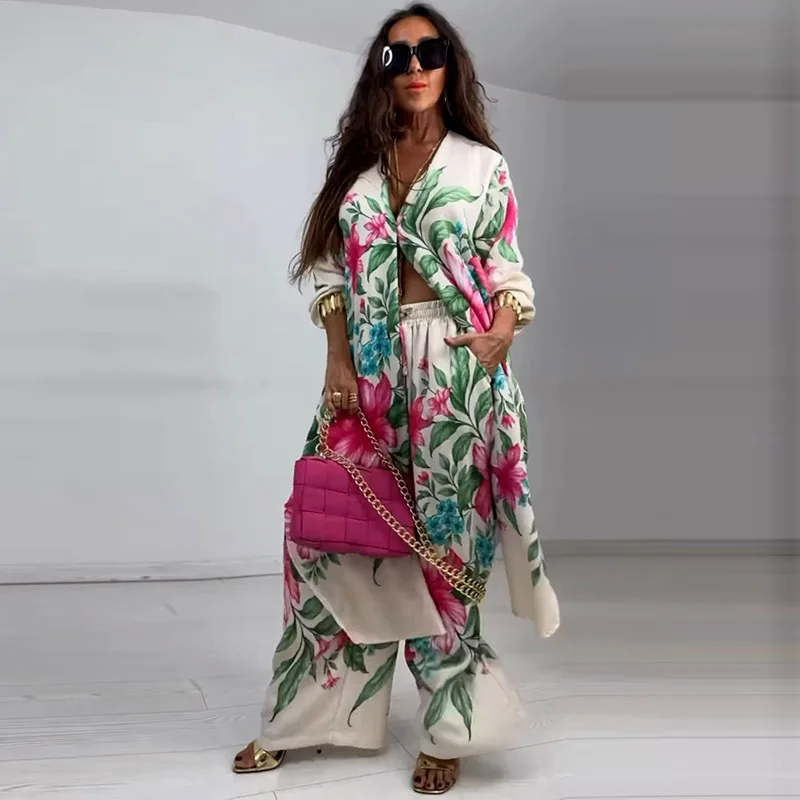 Set di pantaloni a due pezzi casual a gamba larga con tasca a maniche lunghe con stampa tropicale bianca casual da lavoro per donna Set da 2 pezzi vintage autunnale