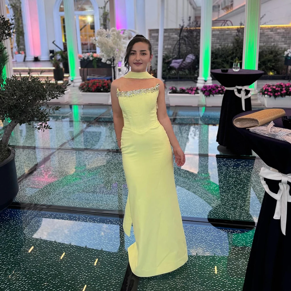 

Msikoods Yellow Prom Dresses 2025 Strapless Beaded Wedding Guest Dress Long Party Dress Mermaid Evening Party Gown Customized