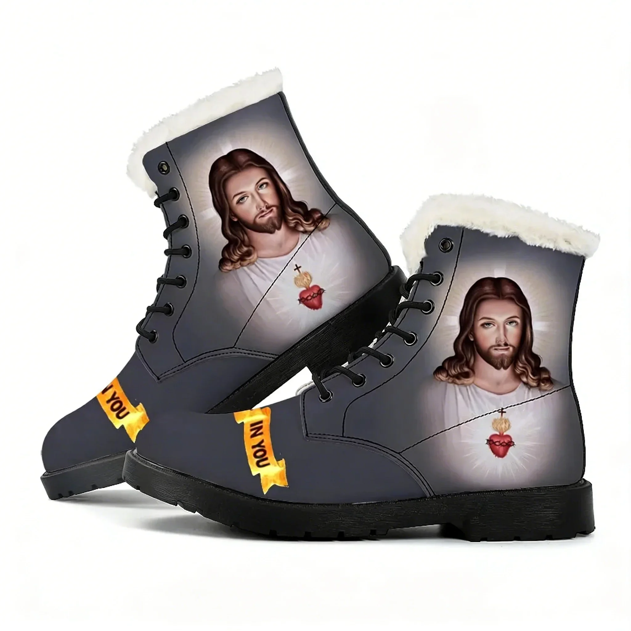 

DIY Christian God Religion Jesus Printed Cross Plush Boots Mens Womens Teenager Shoes Outdoor Casual Boot Light Customize Boots