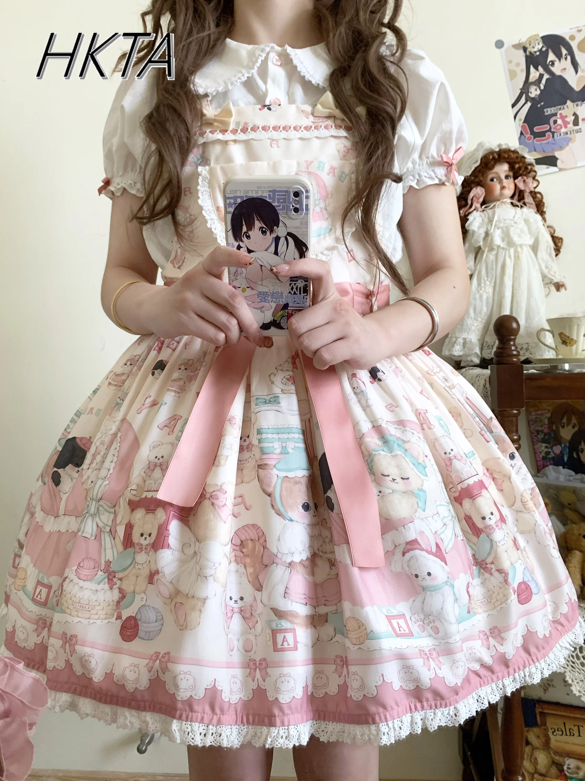 

Lolita Sweet Cute Cartoon Pink Ball Gown Strap Dress Women Summer Lace Stitching Cake Dresses Bow Strap Princess Jsk Vest Dress