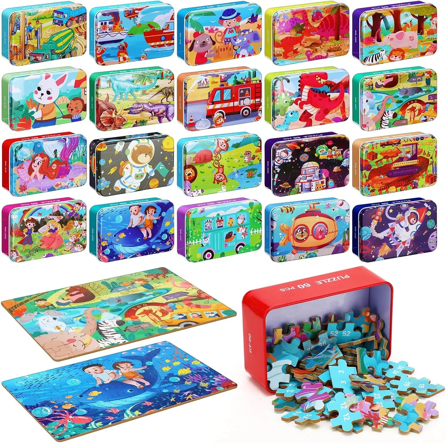 20 Pack Wooden Jigsaw Puzzles Metal Tin, Ages 4-8 Party Favors