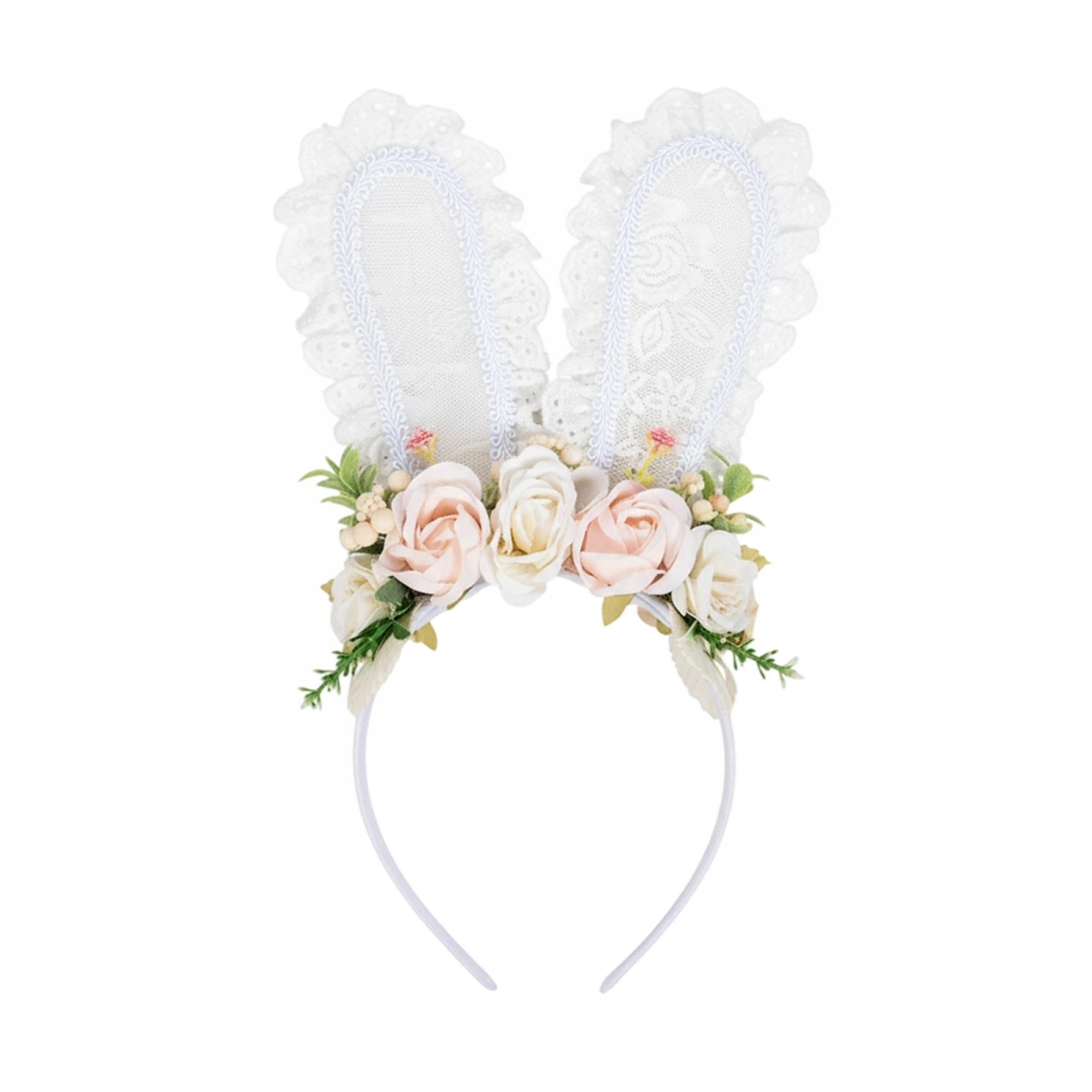 

Floral Bunny Ears Headband Pastel Lace Flowers Hair Hoop Adorable Headband Styling Accessories for Easter