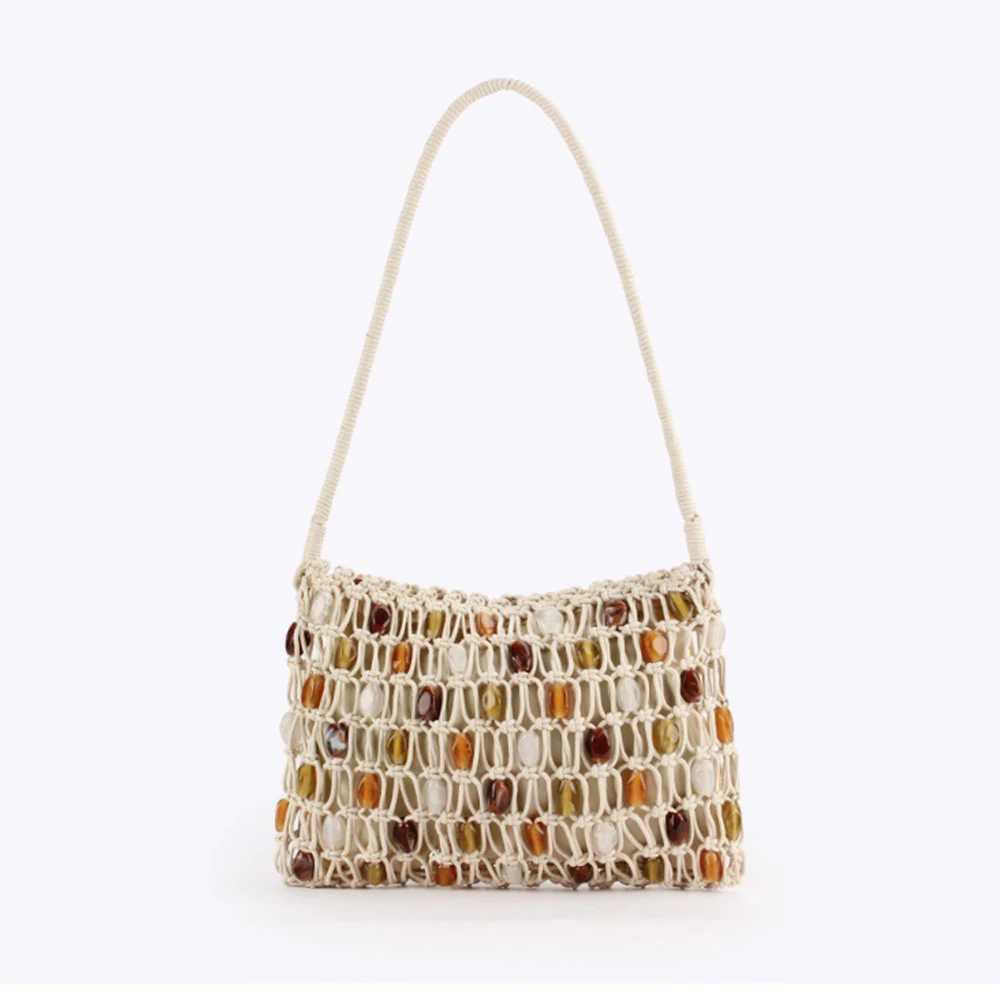Handmade Beading Woven Shoulder Bag Bohemian Rope Knitting Beach Bags for Women Hollow Crochet Mesh Bag NEW Beaded Handbag Purse