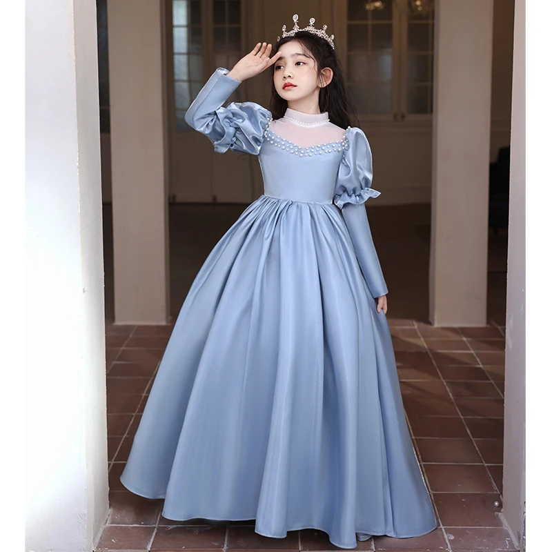 Girls Satin Princess Sleeve Long Sleeve Flower Girl Dress Wedding Dress Junior Bridesmaid Dress Evening Dress/Custom