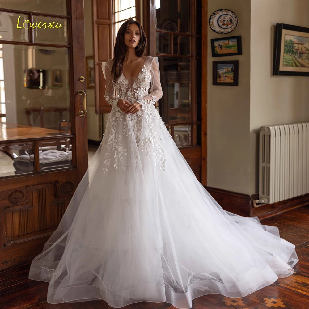 Loverxu A-Line Romantic Wedding Dresses Scalloped Long Sleeve Vestido De Novia Lace Appliques 3D Flowers Custom Made Bridal Gown