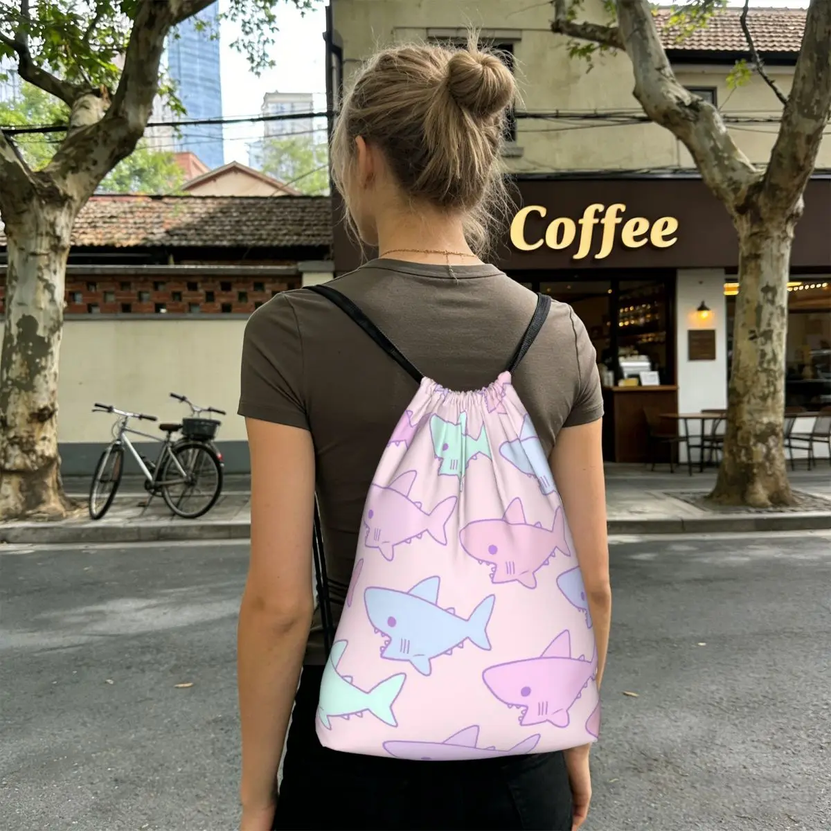 Colorful Cartoon Shark Pattern Backpacks Multi-function Drawstring Bundle Pocket Sports Bag Book Bags for Travel School