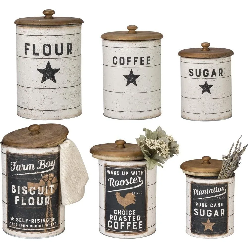 

Farmhouse Tin Canisters Set of 3 with Wooden Lids for Sugar Coffee Flour Storage