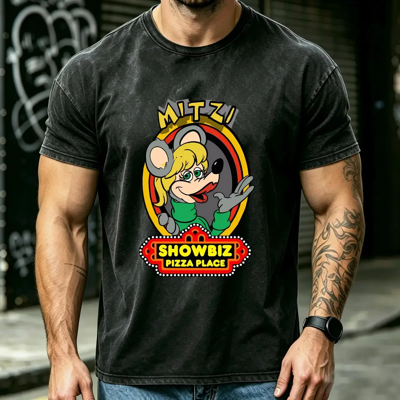 washed T Shirt Mitzi Mozzarella Showbiz Pizza Men's White Size S to 3XL vintage Washed Unisex Stretched Soft