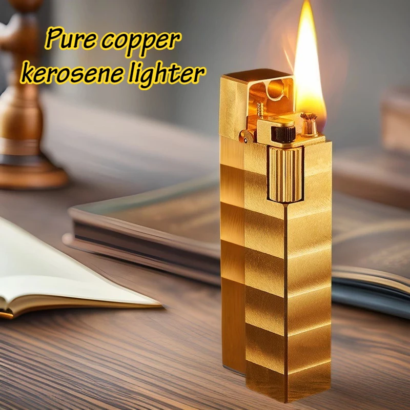 Handmade Carving Retro Pure Copper Material Lighter Square Side Pulley Ignition Creative Grinding Wheel Lighter Can be Collected