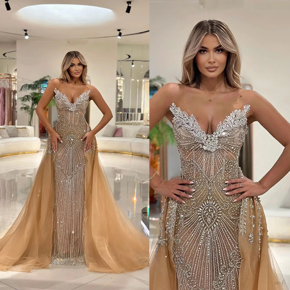

Luxury Evening Dresses Mermaid Beads Crystals Sleeveless Backless Prom Gowns Formal Party Dresses Custom Made Robe De Soirée