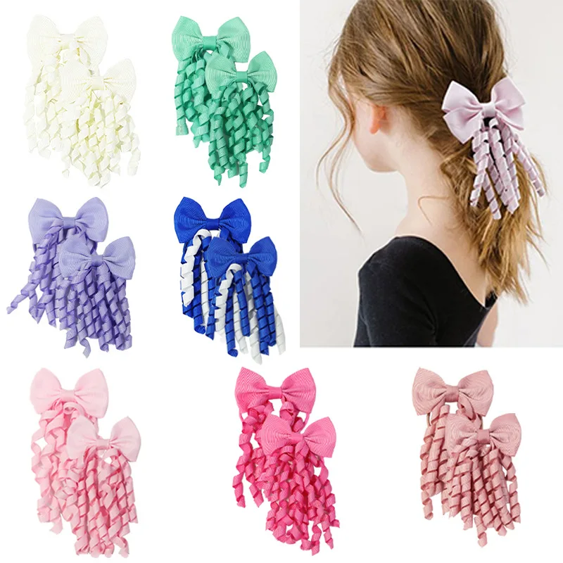 Children Elastic Curly Bow Scrunchies For Girls With Ribbed Ribbons Cartoon Cute Hair Ropes Girl Hair Accessories Rubber Band