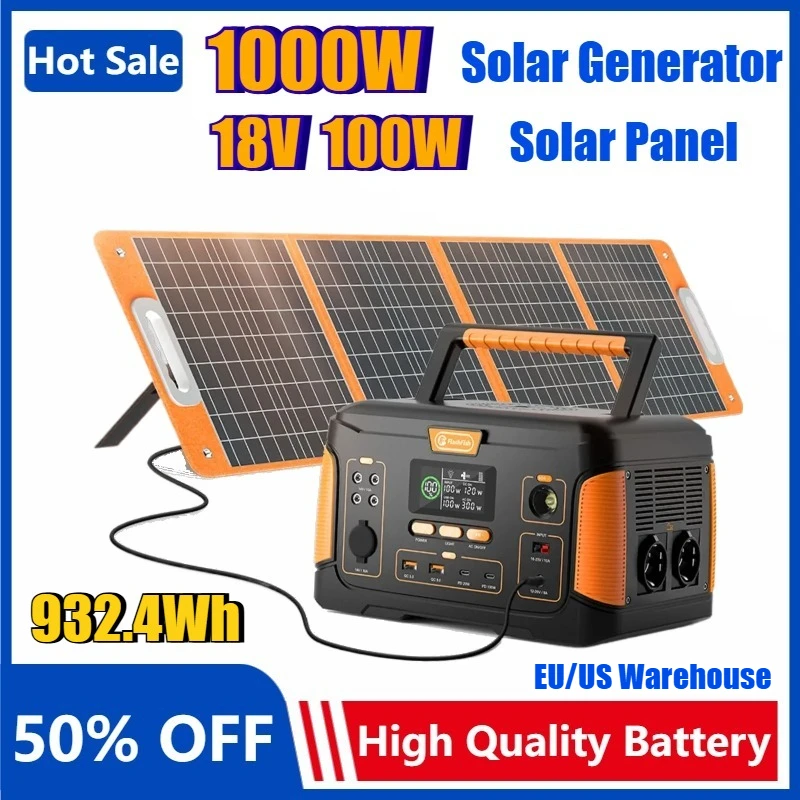 

1000W 932.4Wh External Portable Power Station Solar Generator Battery with Solar Panel 100W Complete Kit for Home Camping EV RV