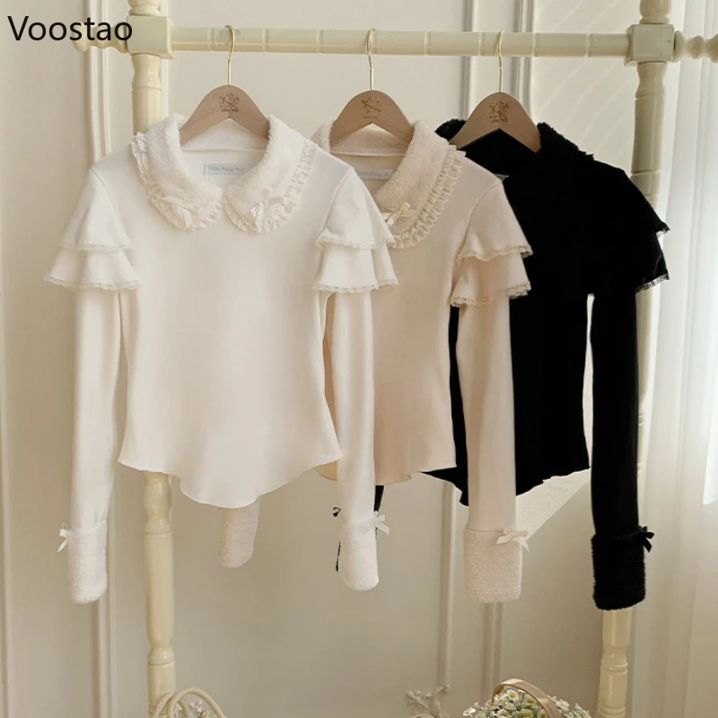 Japanese Sweet Lolita Style Blouses Women Vintage Kawaii Bow Plush Peter Pan Collar Slim Shirts Autumn Winter Cute Warm Tops