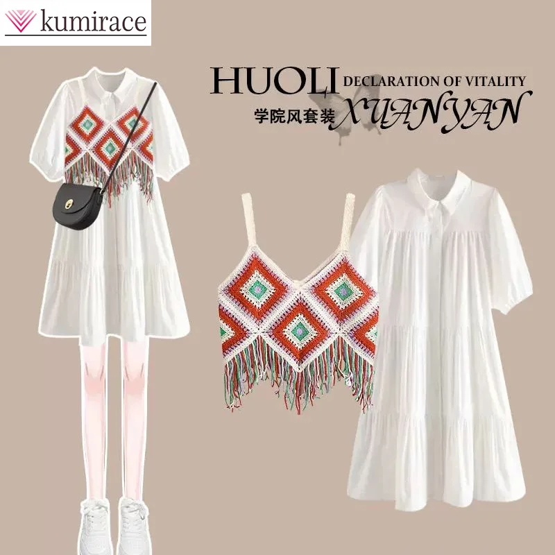 

White Polo Dress Children's Summer 2023 New Color Suspender Female Student Ethnic Style Wear Two Piece Skirt Set Party Dresses