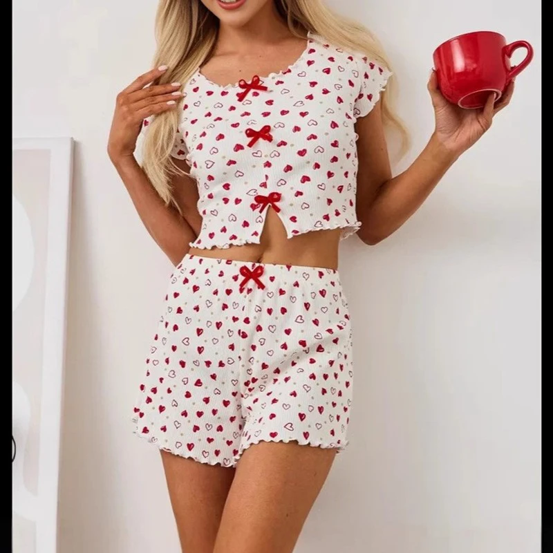 

2025 New Sweetheart Print Pajama Set Women Rolled Hem Adjustable Loungewear 2PC Set Breathable Shorts Home & Out