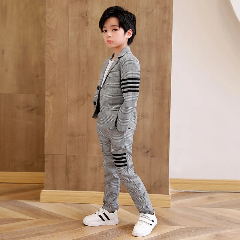 Boys Tuxedos Suit Jacket Pant Formal Dress Kids Plaid Blazer School Uniforms Clothes Sets Child Toddler Gentlemen Costume Outfit