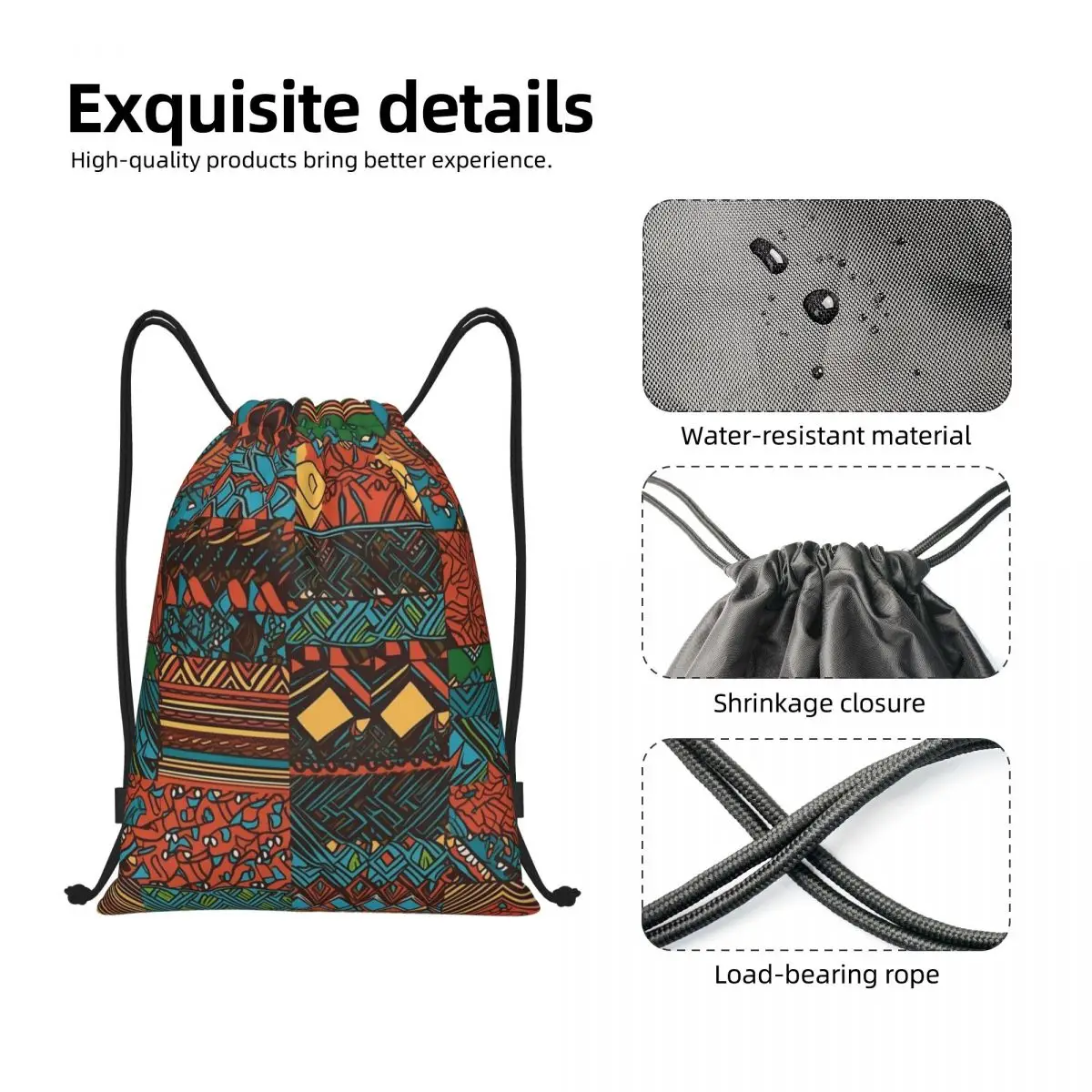 Bright African Backpack Drawstring Basketball Bags Gym Bag Geometric Ankara String Sackpack for Travel