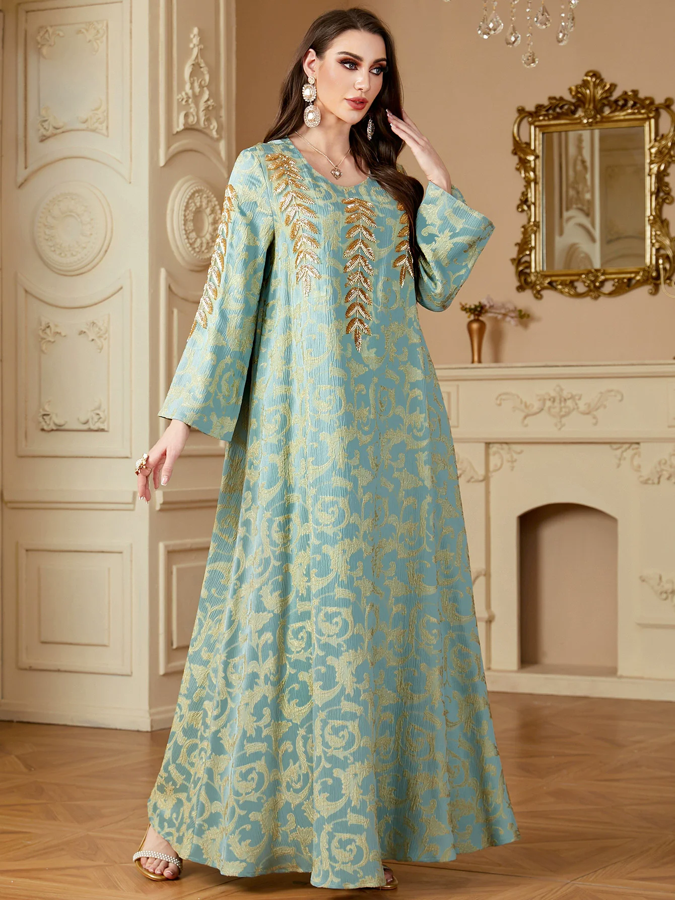 

Ramadan Middle Eastern Muslim Robe Women's Long Dress Ramadan Fashion Jacquard Bead Embroidered Abaya Autumn Dress