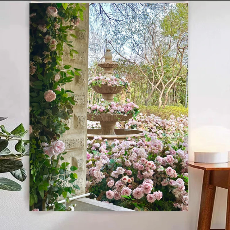 VIKAMA Impressionist Garden Tapestry Wall Hanging Oil Painting Trees Flowers Park Vintage Aesthetic Wall Art Bedroom Dorm Decor