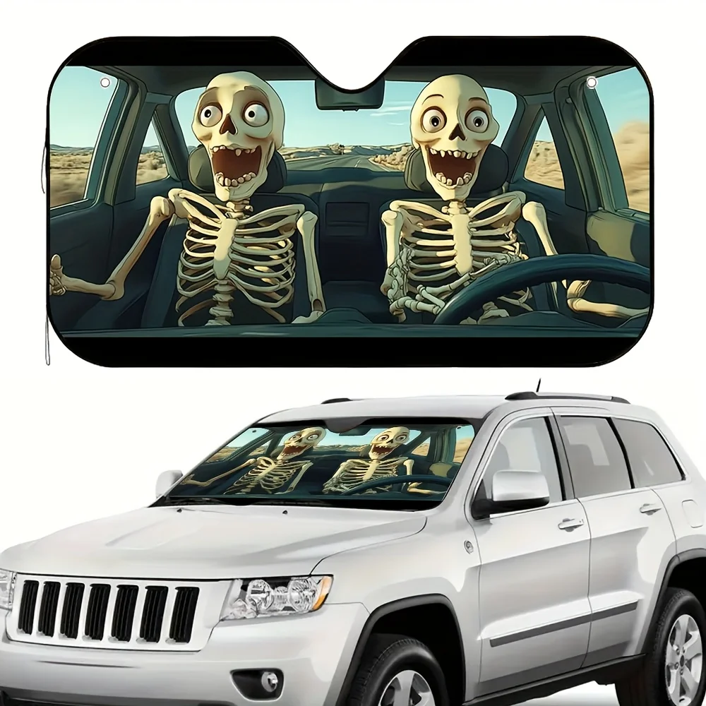 Halloween Horror Journey Print Sunshade – Fashionable Design, Includes 4 Suction Cups, Easy Installation, Foldable For Convenie