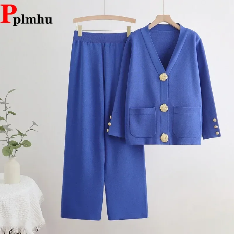 

Fall Winter Elegant Women 2 Piece Sets Ankle Length High Waist Wide Leg Pants Outfit V-neck Sweater Cardigan Coats Tops Ensembl